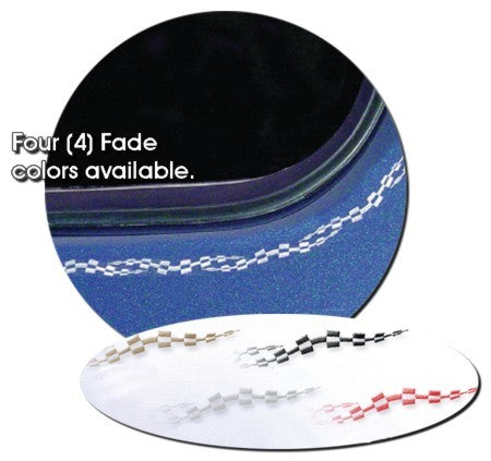 Raceway Pinstripe Tape Kit applied along the edge of a vehicle window. The design features a checkered pattern with a fading effect. The image also showcases four available fade color options: black, white, red, and gold.