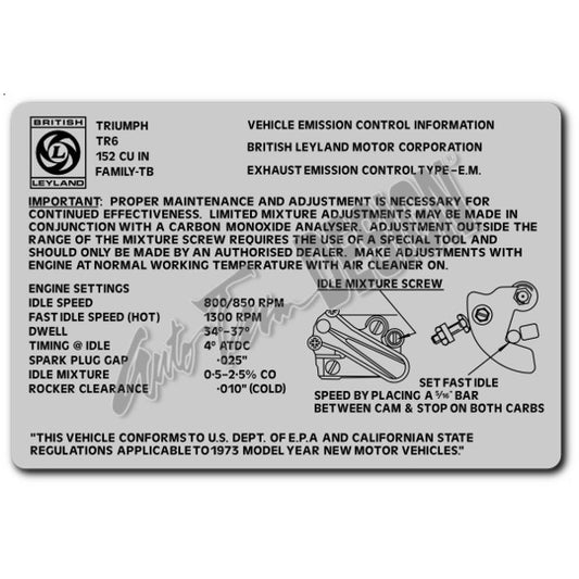 Emission Control Label for Triumph TR6 - 1973 - Silver Metallic
