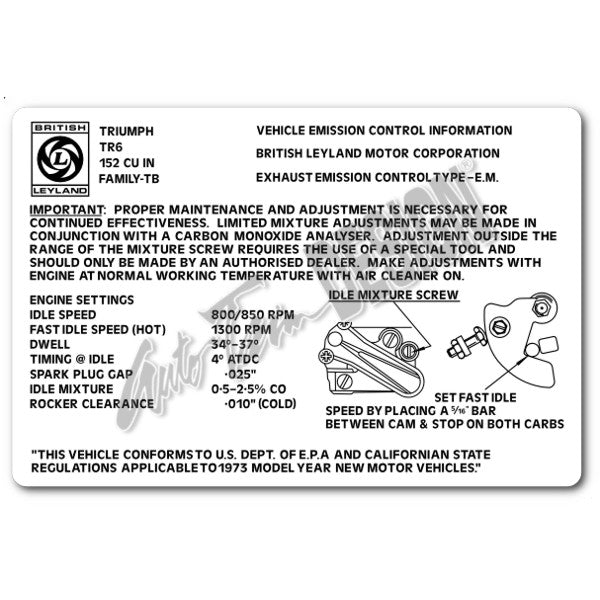 Emission Control Label for Triumph TR6 - 1973 - White
